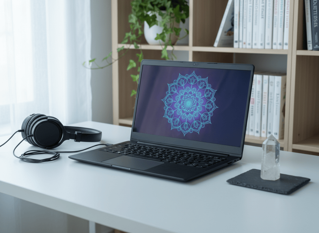 A minimalist, matte-black laptop sits open on a tidy white desk, its screen displaying an abstract, softly glowing mandala in shades of violet and teal. To the right, a small, clear quartz point stands upright on a square slate coaster, while to the left, a pair of over-ear headphones rests neatly coiled. Cool, indirect daylight from a nearby window illuminates the workspace, reflecting subtly off the laptop’s edges and emphasizing the crystal’s clarity. In the distant background, blurred shelves hold neatly arranged spiritual reference books and a single potted ivy trailing downward. Captured in photographic realism from a three-quarter angle, the composition follows the rule of thirds, creating a calm, focused atmosphere that suggests professional online spiritual guidance sessions conducted with clarity and discretion.