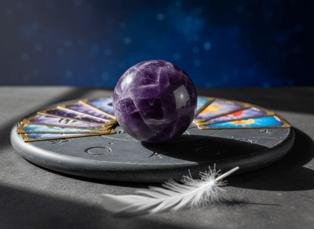 A polished amethyst crystal sphere resting on a smooth, charcoal-grey stone altar, etched subtly with celestial symbols. Around the sphere, a neat semicircle of oracle cards fans outward, their gilt edges catching the light, while a single white feather lies diagonally across the foreground. Soft, diffused morning light filters in from an unseen window to the left, creating gentle reflections within the crystal and casting delicate shadows across the stone. Photographed at eye level with a shallow depth of field, the background fades into a velvety blur of deep indigo and midnight blue tones, evoking mystery and calm. The mood is serene, professional, and contemplative, with clean photographic realism that suggests focused, trustworthy spiritual guidance.