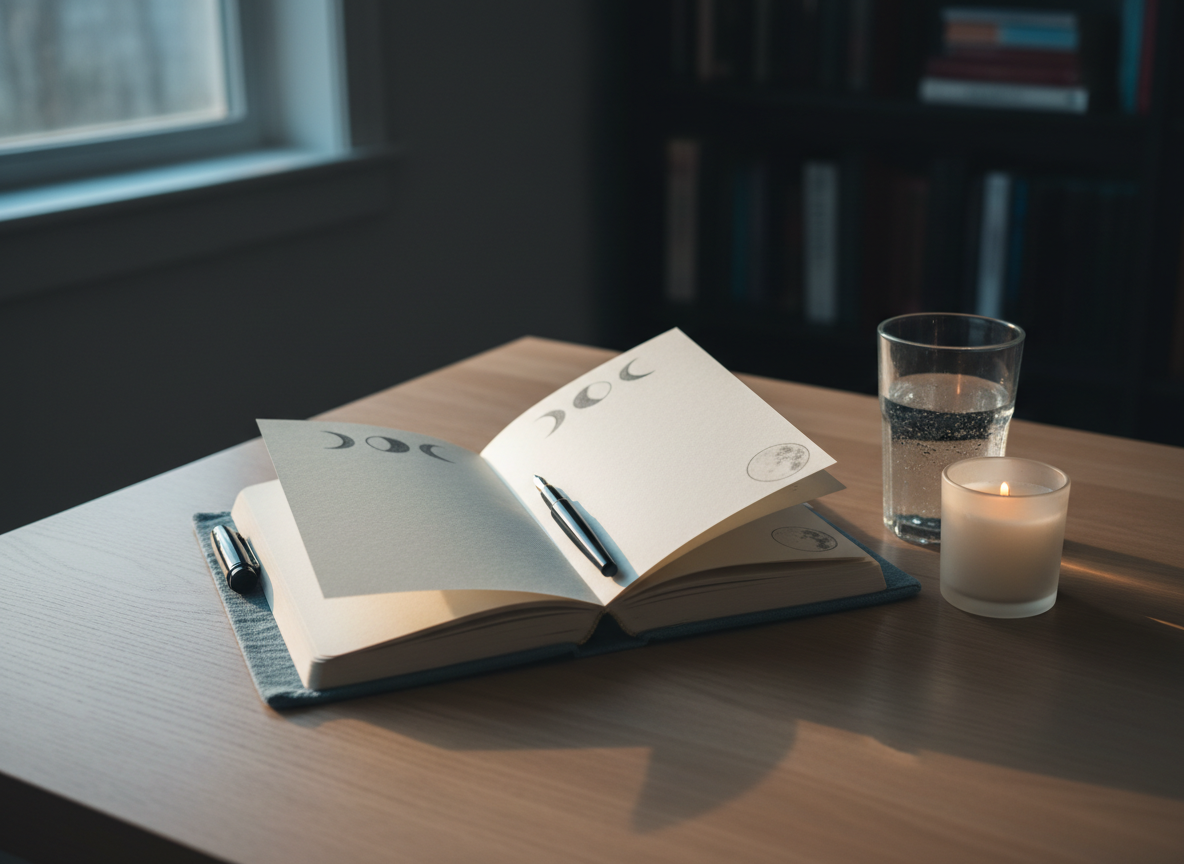 An open, cloth-bound dream journal with creamy, unlined pages lies on a light oak desk, a fine-point fountain pen resting precisely along the inner margin. Beside the journal, a clear glass of water and a small, frosted-glass candle holder with a barely visible flame add subtle glow. Through a nearby window, cool early-dawn light spills onto the pages, revealing faint, hand-drawn moon phases at the top corner of each sheet. The scene is captured from a slightly elevated angle in photographic realism, with crisp focus on the journal and a soft bokeh of blurred bookshelf silhouettes in the background. The atmosphere is calm, reflective, and orderly, suggesting a structured, professional approach to dream interpretation and inner exploration.